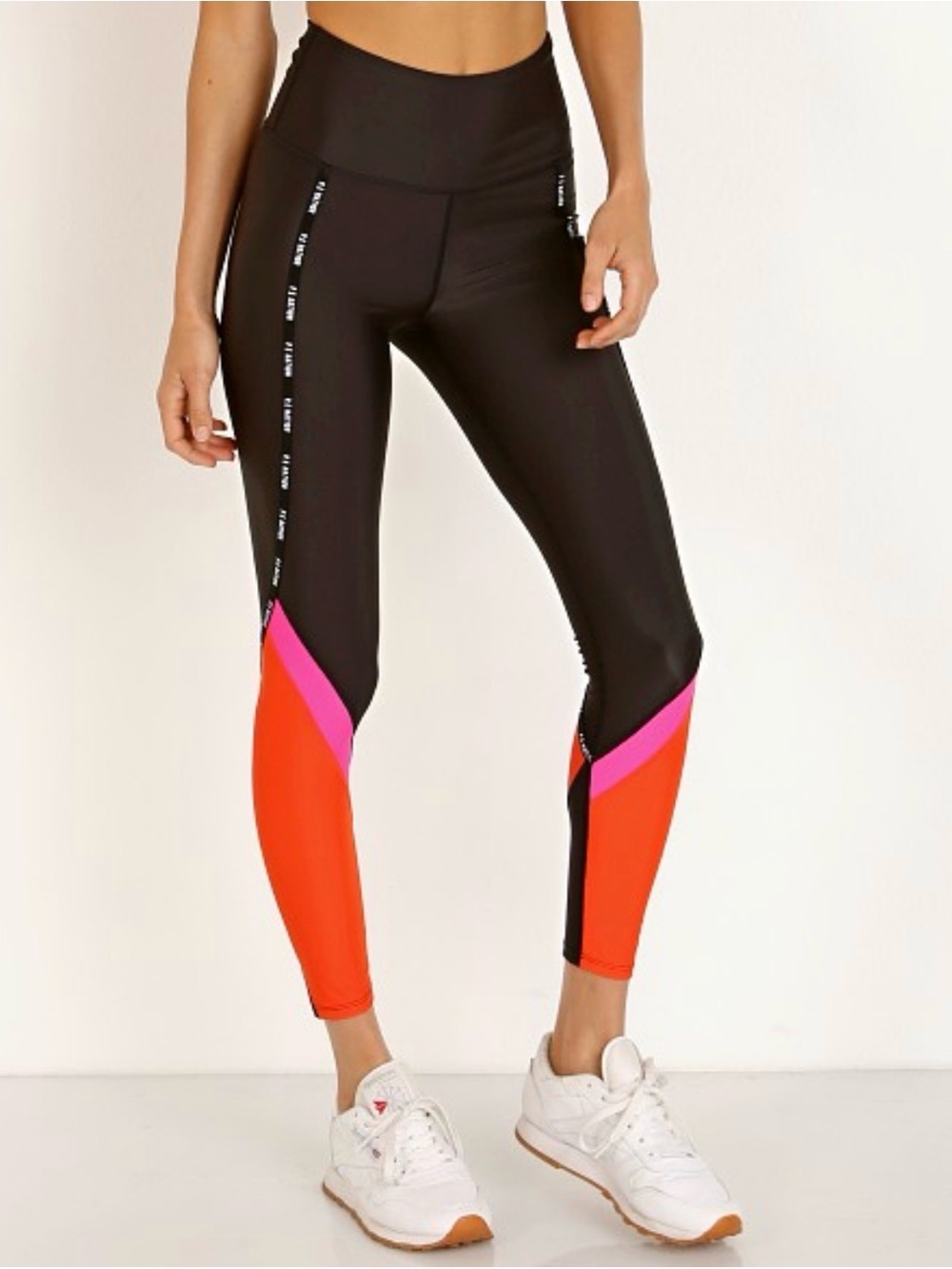 P.E Nation Black Leggings with Red & Pink Colorblock Panels